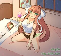 1girls 2023 5_fingers artist_name artist_signature bed big_bow blanket bow breasts cleavage dated dessert doki_doki_literature_club female green_eyes hapicyles ice_cream ice_cream_cone long_hair monika_(doki_doki_literature_club) monika_plush on_bed pillow plush plushie signature solo solo_female solo_focus white_bow window