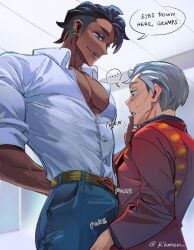 2boys age_difference bara blush blushing_at_partner blushing_profusely bulge bulge_through_clothing game_freak gay gay_male implied_sex kabu_(pokemon) kbmon male/male male_only muscles muscular muscular_male nervous_male nintendo older_male pecs pectoral_bulge pectorals pierced_ears piercing piercings pokemon pokemon_ss raihan_(pokemon) size_difference smirk smirking sweating tight_clothes tight_clothing tight_fit tight_shirt yaoi