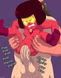 1boy 1girls athletic_female big_penis black_hair disgusted doc_(steven_universe) drooling gem gem_(species) glasses greg_universe huge_cock human human_penetrating light-skinned_male light_skin penetration red_body red_skin ruby_(steven_universe) ruby_doc sigorordl smaller_female steven_universe