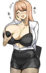 1boy 1girls anger_vein black_bra black_legwear black_skirt blonde_hair blush bra breast_grab breasts closed_eyes clothed_sex disembodied_hand emma_(nikke) emma_(office_therapy)_(nikke) glasses goddess_of_victory:_nikke goma. grabbing hand_on_face hi_res huge_breasts japanese_text long_hair long_sleeves mature_female office_lady open_clothes pantyhose pencil_skirt sidelocks skirt smile sweat thighs white_shirt