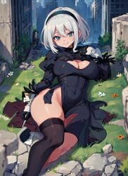 1girls ai_generated ass ass_focus backless_outfit big_ass big_breasts blue_eyes breasts cleavage cleavage_cutout female headband hi_res large_breasts lying lying_on_back mabi_ai nier nier:_automata nier_(series) pelvic_curtain thick_thighs thighhighs thighs white_hair wide_hips yorha_2b