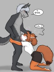 anthro balls blush bottomwear brown_hair canid canine canis clothing deep_throat deepthroat deepthroat_holder deepthroat_hug dialogue duo erection eye_contact fellatio female fluffy fluffy_tail fox fur furry genitals good_girl green_eyes grey_body grey_fur grey_hair hair hand_on_head hi_res humanoid_genitalia humanoid_penis kneeling korean_text male male/female mammal oral oral_sex orange_body orange_fur penile penis petite ponytail sex shirt side_view skirt speech_bubble t-shirt tail text topwear wbnsfwfactory wolf