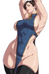 1girls adapted_costume alecto_0 arms_up black_thighhighs brown_hair capcom chinese_clothes chun-li dress earrings female female_only hair_bun looking_at_viewer mature_female milf narrowed_eyes sideboob skimpy skimpy_clothes smiling smiling_at_viewer solo street_fighter thick_thighs thigh_squish thighhighs very_high_resolution white_background