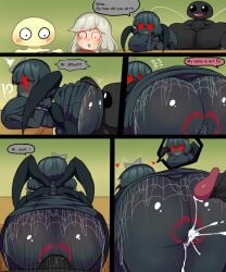 !? 2boys ass ass_kiss big_breasts big_butt black_body black_hair blush blushing bob_(dsand) bow comic comic_page comics creepy_smile cum cum_inside cumming cumming_inside cumshot dress dress_lift dripping dripping_cum dripping_pussy english_text female fly_(dsand) huge_breasts kiss kiss_mark kiss_mark_on_ass kiss_mark_on_butt kissing kissing_ass long_hair monster_girl muscular muscular_arms muscular_male my_ghost_friend panels penetrating penetration pumpkin_(my_ghost_friend) pussy questionable_consent red_eyes short_hair shortstack spider spider_girl spider_web surprise surprised surprised_expression susie_(dsand) sweat sweatdrop sweating tagme vaginal vaginal_penetration white_hair whitewo1f