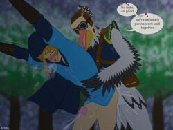 anal anal_sex anthro avian balls beak bird blonde_hair blurred_background blush bodily_fluids breath_of_the_wild clothed clothing cum cum_in_ass cum_inside dialogue digital_media_(artwork) duo dustin_c ejaculation english_text erection feathers fur gay genital_fluids genitals hair hi_res human humanoid hylian interspecies link male male/male male_only male_penetrated male_penetrating male_penetrating_male mammal motion_lines muscular nintendo nude open_mouth pelecaniform pelican penetration penile penis penn_(legend_of_zelda) rito sex simple_background smile tears_of_the_kingdom text the_legend_of_zelda white_body wings winter