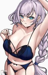 armpits blue_eyes blush breasts female garter_belt hololive hololive_indonesia large_breasts light-skinned_female light_skin lingerie long_hair pavolia_reine shinoillust silver_hair sweat sweatdrop underwear underwear_only virtual_youtuber