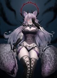 guls horns leather lipstick red_eyes stomach_tattoo thighhighs virtual_youtuber vtuber white_hair