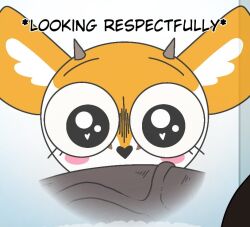 <3_eyes aggressive_retsuko aggretsuko amazed antelope big_ears big_eyes black_nose bovid brown_body brown_fur colored duo english_text eyebrows eyelashes female fur genitals heart horn looking_at_genitalia looking_at_penis male mammal orange_body orange_fur pandzart penis penis_awe pink_cheeks sanrio simple_background text tsunoda uncensored vein veiny_penis white_body white_fur