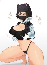 1girls alternate_version_at_source alternate_version_available black_hair cat_ears cat_hat crouching doodkhaw female_focus frost_(rainbow_six) gloves grabbing_from_behind rainbow_six rainbow_six_siege sports_bra tagme winter_clothes winter_coat