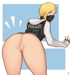 1girls blonde_hair blue_eyes doodkhaw female fingerless_gloves hoodie iq_(rainbow_six) looking_at_viewer looking_back police_uniform pussy rainbow_six rainbow_six_siege short_hair solo tagme