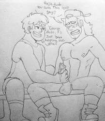 abs backwards_cap balls bara big_penis cap dialogue_bubble gay handjob long_hair male_only masturbating_other muscular_male pecs penis_grab pleasure_face precum raj_(tdi) shoes_only smile socks total_drama_island total_drama_island_(2023) traditional_media_(artwork) victoreh_draws wayne_(tdi) yaoi