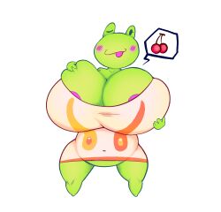 abunbot amphibian animal_crossing anthro big_breasts breast_squish breasts cherry clothing curvy_figure digital_media_(artwork) female food frog fruit green_body hi_res looking_at_viewer nintendo nipples one_eye_closed overweight overweight_anthro overweight_female plant simple_background solo squish sunny_(animal_crossing) tight_clothing tongue tongue_out wardrobe_malfunction white_background wide_hips wink