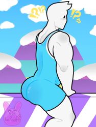 ! !? 1boy ? anthro ass athletic background biceps blush bubble_ass bubble_butt bulge detailed_background dot_eyes erect_penis erection erection_under_clothes fall_guy fall_guys hair humanoid male_only mountain muscular muscular_male nervous round_ass round_butt sitting solo_male therabit thick_ass thick_thighs tight tight_clothes tight_clothing video_games watermark white_body wrestling_outfit