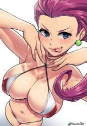 1girls 2023 big_breasts bikini blue_eyes blush breasts dracksart earrings female female_focus female_only hi_res high-angle_view human jessie_(pokemon) large_breasts long_hair looking_at_viewer navel nintendo pink_hair pokemon pokemon_(anime) solo solo_female solo_focus swimsuit swimwear team_rocket tongue tongue_out wet wet_body white_background