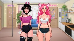 2girls animal_ears athletic athletic_female big_breasts black_hair boots breasts buffy_(minko) busty cat_ears cat_tail catgirl choker cleavage curvaceous curvy curvy_female curvy_figure digital_drawing_(artwork) digital_media_(artwork) elena_(minko) eyebrows eyelashes eyeliner eyes eyeshadow female female_focus female_only fit fit_female flat_chest freckles hair hi_res high_heels hips hourglass_figure huge_breasts large_breasts legs light-skinned_female light_skin lips long_hair minko olena_minko original original_character original_characters pale-skinned_female petite short_hair slim slim_waist small_breasts thick thick_legs thick_thighs thighs top_heavy upper_body voluptuous waist wide_hips