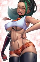 abs armpits belly belly_button big_breasts bikini bikini_under_clothes black_hair blush breasts brown_eyes brown_skin clothed clothing female female_only game_freak green_hair highres innie_belly_button innie_navel maxlikeapicture midriff navel necktie nemona_(pokemon) nintendo nipple_visible_through_clothes pants pokeball pokemon pokemon_sv sports_bra thick_thighs thighhighs thighs tie underboob