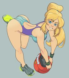 back bent_over blonde_hair blue_eyes bracelets clothed clothing helmet helmet_with_visor metroid ponytail samus_aran simple_background smile sneakers solo standing varia_suit_helmet wheatlie