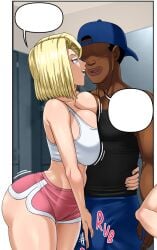 african_male android_18 blonde_hair blue_eyes breast_press breast_squeeze cheating_wife clothed comic_panel dark-skinned_male dragon_ball dragon_ball_super faceless_character faceless_male female gym huge_ass huge_breasts huge_cock interracial male minishorts netorare pink_shorts pinkpawg revealing_clothes rubbing_penis small_waist sportswear stroking_penis tank_top teasing white_tank_top wide_hips