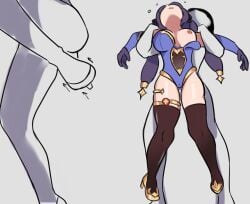 big_breasts breasts clothing female fight genshin_impact high_heels holding imminent_kick mona_(genshin_impact) naive_guardians_(artist) nipples one_breast_out purple_hair ryona thick_thighs thighhighs wardrobe_malfunction