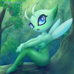 1girls anthro ass blubluumon blue_eyes breasts celebi fairy fairy_wings female female_focus female_only forest forest_background generation_2_pokemon green_body green_skin hi_res legendary_pokemon nature nature_background nintendo nipples open_mouth plant png pokemon pokemon_(species) sitting solo tongue tree wings