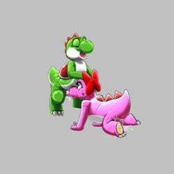 1:1 anthro birdo bodily_fluids closed_eyes duo fellatio female feral genitals green_body grey_background kitsune_youkai male male/female mario_(series) nintendo oral penile penis pink_body pussy red_ribbon ribbons saliva sex simple_background yoshi