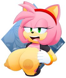 1girls 2023 amy_rose anthro areolae big_breasts breasts buttons erect_nipples erection eyelashes eyes eyes_half_open fangs female female_only fur furry hedgehog large_breasts mobian_(species) mouth nipples nude open_mouth sega shirt_lift slickehedge sonic_(series) sonic_the_hedgehog_(series) tagme teeth tongue url