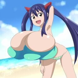 1girls beach blue_clothing blue_hair breast_expansion brown_eyes fairy_tail female female_only hair_ornament huge_breasts hyper_breasts pururun_z smiling smiling_at_viewer solo swimsuit swimwear tagme twintails wendy_marvell