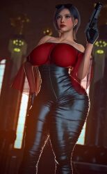 1futa 3d 3d_(artwork) ada_wong asian asian_futanari biohazard black_hair blurry_background bulge bulge_through_clothing capcom futa_only futanari gun hand_on_hip hourglass_figure lipstick pillowfun red_lipstick resident_evil resident_evil_4 resident_evil_4_remake serious serious_look solo solo_female