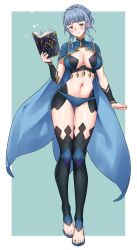 1girls alternate_costume ass_visible_through_thighs black_thighhighs blue_cape blue_hair blue_panties blunt_bangs blush book braid breasts brown_eyes cape cleavage cleavage_cutout closed_mouth clothing_cutout commentary commission cosplay crown_braid dark_mage_(fire_emblem_fates) english_commentary female female female_only fire_emblem fire_emblem:_three_houses fire_emblem_fates highres holding holding_book igni_tion large_breasts looking_at_viewer marianne_von_edmund navel nintendo ophelia_(fire_emblem) ophelia_(fire_emblem)_(cosplay) panties short_hair sidelocks smile solo stomach stomach_cutout thighhighs toenails toes underwear