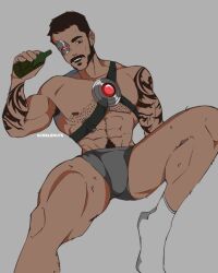 alcohol alcoholic_drink arm_tattoos armpit_hair armpits bar bar_background bara bear bottle bottles bottles_background boxer_briefs boxers boxers_(clothing) bulge chest_hair cybernetic_eye facial_hair flaccid grey_underwear hairy hairy_male happy_trail kano kano_(mortal_kombat) male male_only mortal_kombat mortal_kombat_11 mortal_kombat_x muscles muscular mutton_chops pubes scrblenuts sideburns socks socks_on solo solo_male tattoo tattoo_on_arm tattooed_arm tattoos underwear