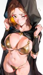 1girls absurdres big_breasts bikini blush breasts brown_eyes brown_hair brown_thighhighs cloak closed_mouth elden_ring female fromsoftware gold_bikini groin hands_up highres hood hood_up hooded_cloak large_breasts looking_at_viewer melina_(elden_ring) micro_bikini navel odyssey_21 one_eye_closed solo stomach swimsuit thighhighs