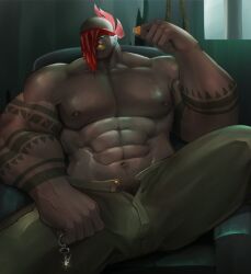 1boy abs african african_male bald bandana bara biceps buff bulge bulge_through_clothing dark-skinned_male dark_skin gay human human_only league_of_legends league_of_legends:_wild_rift legends_of_runeterra male male_only mask masked masked_male muscles muscular muscular_male pecs pubic_hair pyke riot_games shirtless sitting sitting_on_chair solo solo_focus solo_male tattoo