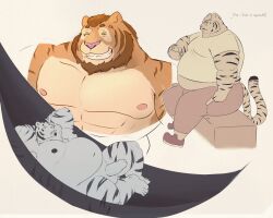 2023 absurd_res anthro balls belly big_belly bottomwear clothing english_text erection felid genitals hammock hi_res lying male mammal moobs nipples overweight overweight_male pantherine pants penis sato_afroleone shirt sitting text tiger topwear