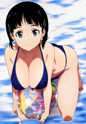 10s 1girls absurdres arm_support ball bare_legs beachball bikini black_hair blue_bikini blue_eyes breasts cleavage covered_erect_nipples erect_nipples_under_clothes female female_focus female_only highres huge_breasts kirigaya_suguha kneeling large_breasts megami_magazine miura_takehiro nipple_bulge official_art puffy_nipples short_hair sidelocks sitting smile solo_female swimsuit sword_art_online teenage_girl teenager wariza young young_female