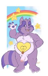 anthro balls belly belly_markings bright_heart_raccoon care_bears flaccid foreskin fur genitals hi_res male mammal markings moobs nipples overweight penis procyonid purple_body purple_fur raccoon solo tbid