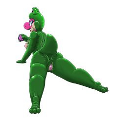 anthro breasts clothing condom female frog_costume genitals kitsune_youkai mario_(series) nintendo nipples pink_body pussy sexual_barrier_device simple_background solo torn_clothing twilight_stormshi_(character) white_background yoshi