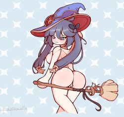 1girls artist_name ass breasts broom broom_riding broomstick compass female functionally_nude functionally_nude_female genshin_impact hat headwear long_hair mona_(genshin_impact) nipples pinkprosciutto practically_nude pussy solo solo_female solo_focus witch_broom witch_hat