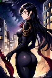 ai_generated ass bayonetta bayonetta_(character) black_bodysuit black_hair bodysuit city cowboy_shot glass nagual-ui night stars