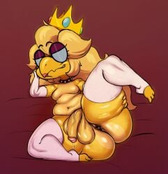 anthro anus ass balls bedroom_eyes big_balls big_butt big_penis blonde_hair choker clothed clothing crossdressing crown eyewear femboy genitals glasses gloves hair handwear headgear hi_res jewelry kamek kingofacesx koopa legwear lipstick looking_at_viewer lying makeup male mario_(series) moobs narrowed_eyes navel necklace nintendo nude on_back penis princess_kamek princess_peach_(cosplay) scalie seductive slightly_chubby smile solo spiked_choker super_mario_bros._(2023_film) thick_thighs thigh_highs