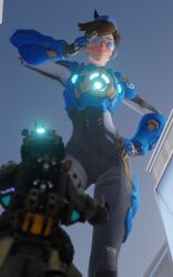 3d 3d_(artwork) below_view blender blender_(software) blush cadet_oxton donutdaemon giantess looking_at_viewer looking_up overwatch pilot_(titanfall) salute smile smirk tracer