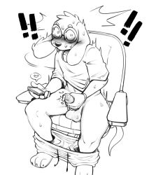 2023 absurd_res anthro balls blush bodily_fluids bottomwear bottomwear_down canid canine canis caught chair clothed clothing cum domestic_dog ejaculation embarrassed exclamation_point eyewear furniture genital_fluids genitals glasses hi_res looking_at_viewer male mammal masturbation on_chair pants pants_down partially_clothed phone poogyl sitting sitting_on_chair solo stroking stroking_penis sweat