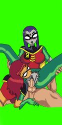 1boy 2girls dc dc_comics female male multiple_girls raven_(dc) raven_(teen_titans) robin_(dc) robin_(dc)_(cosplay) starfire starfire_(teen_titans) tagme teen_titans threesome