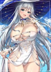 bare_shoulders blue_eyes blush breasts cenangam cleavage earrings female_only large_breasts leotard long_hair open_mouth sky smile solo white_hair witch_hat