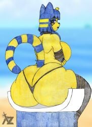 animal_crossing ankha ankha_(animal_crossing) anthro ass_bigger_than_head azurenekoalex big_ass big_butt fanart feline feline_humanoid furry huge_ass huge_breasts thick_ass thick_thighs thighhighs thong thong_only