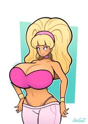 bimbo blonde_hair hoop_earrings huge_breasts polkatoonz tan thick_thighs thong wide_hips