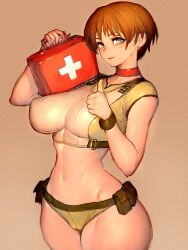 1girls belt breasts brown_hair capcom casual clothing female first_aid_kit fumio_(rsqkr) green_eyes human large_breasts light-skinned_female light_skin neckwear pale_skin rebecca_chambers resident_evil short_hair slim_waist thighs wristwear