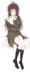 ahoge amera_(irisqr3) breasts brown_eyes brown_hair collarbone cum cum_on_legs danganronpa danganronpa_2:_goodbye_despair female genderswap_(mtf) green_jacket highres hinata_hajime jacket kneehighs large_breasts long_hair looking_at_viewer no_shoes on_bed open_mouth rule_63 sitting smooth_skin socks solo sweat