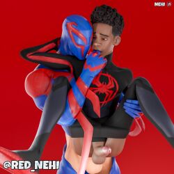 3d dark-skinned_male dark_skin finger_in_mouth flowerfang gay interracial interracial_sex male male_focus male_only marvel melanin miguel_o'hara miles_morales miles_morales_(spider-verse) red_nehi spandex spandex_suit spider-man spider-man_2099 teen_boy yaoi