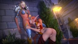 2girls 3d alvarina blizzard_entertainment blood_elf blue_eyes cunnilingus death_knight fingering kneeling lenina light-skinned_female light_skin original_character ponytail pussy red_hair warcraft world_of_warcraft yuri