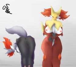 anthro anus areola ass big_breasts big_butt black_body black_fur blush breasts delphox duo female fur generation_6_pokemon genitals hand_on_butt hi_res inner_ear_fluff looking_at_viewer looking_down narrowed_eyes nintendo nipples one_eye_closed orange_eyes pink_nipples pink_pussy pokemon pokemon_(species) purple_body purple_fur pussy red_body red_fur rusoide shiny_pokemon smile smiling_at_viewer spread_anus spreading thick_thighs tuft white_body white_fur yellow_body yellow_fur